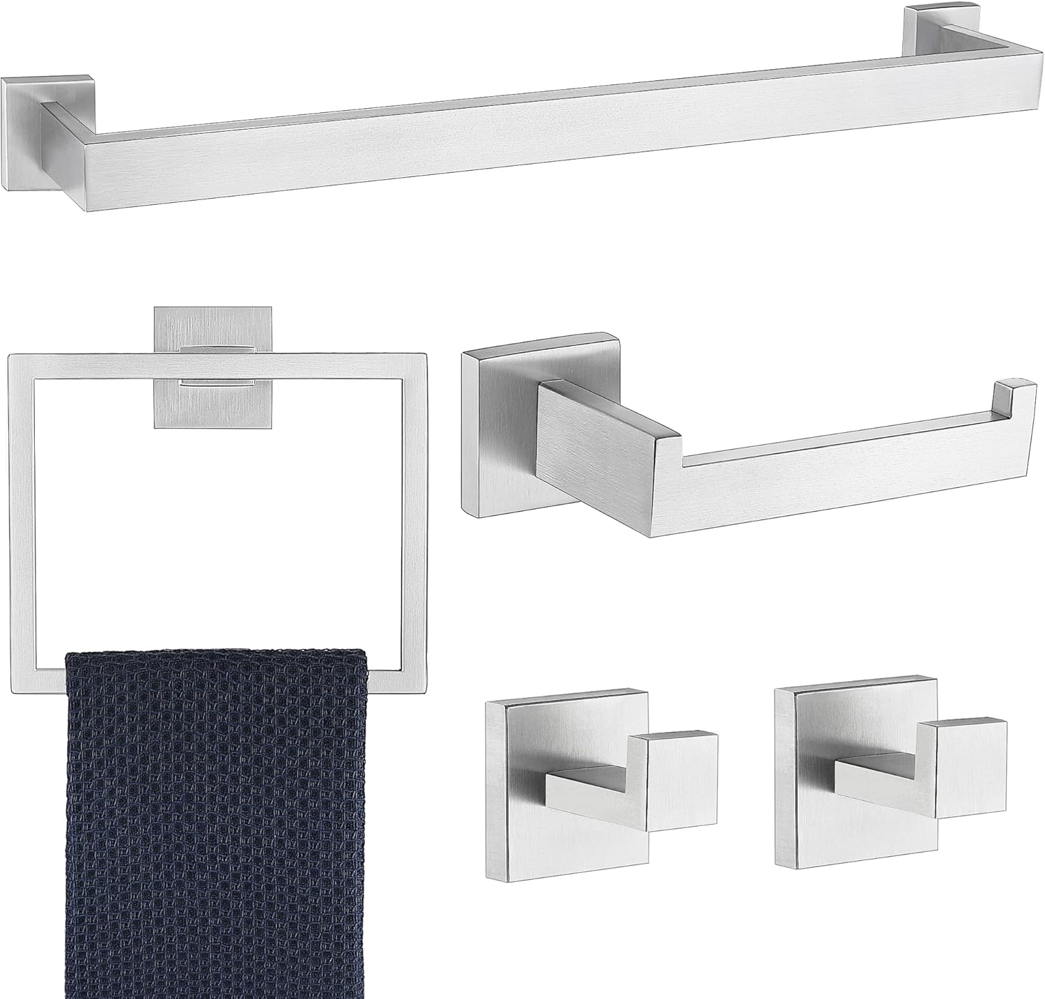 5 Piece Bathroom Hardware Accessories - Brushed Nickel, 24Inch Towel Racks, Stainless Steel Square Towel Bar Set, Wall Mounted Brushed Nickel 24" 5pcs