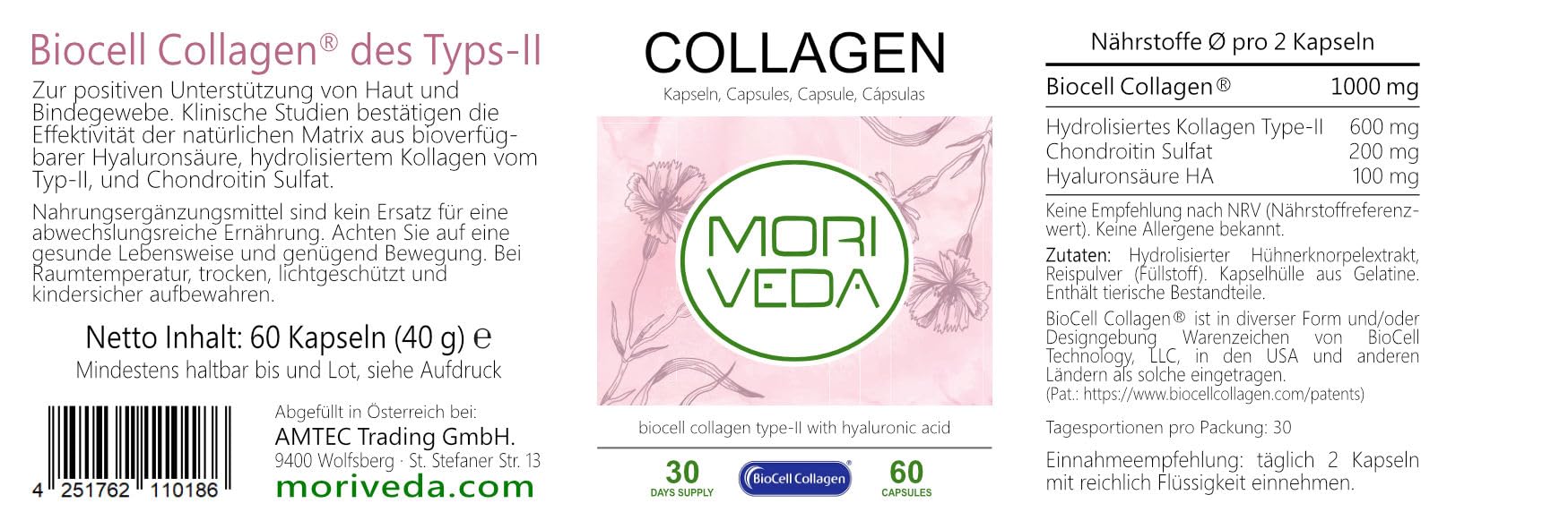 MoriVeda BioCell Collagen gélules, 2 x 60 unités, collagène de type II avec acide hyaluronique et chondroïtine, pour la peau, les articulations et les tissus conjonctifs, certifié ISO