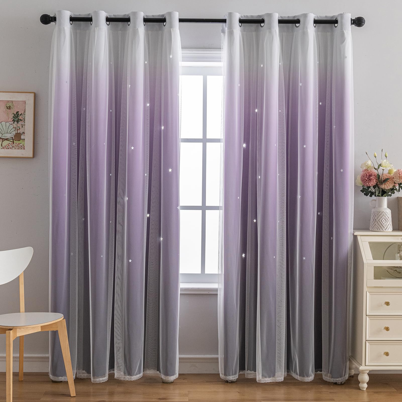 indistar Verdunklungsvorhänge für Schlafzimmer, 2-lagiges Design aus Stoff und Tüll, hübscher Fenstervorhang für Kinderzimmer, 1 Paneel (B132 x L213 cm Dunkelviolett)