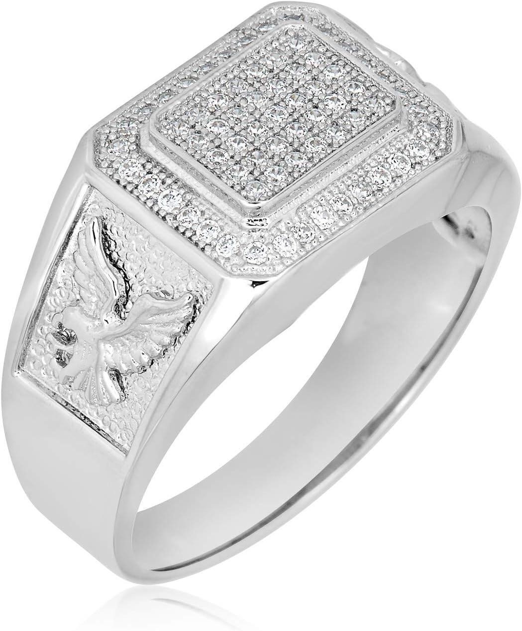 AVORA 925 Sterling Silver Simulated Diamond CZ American Eagle Men's Signet Fashion Ring