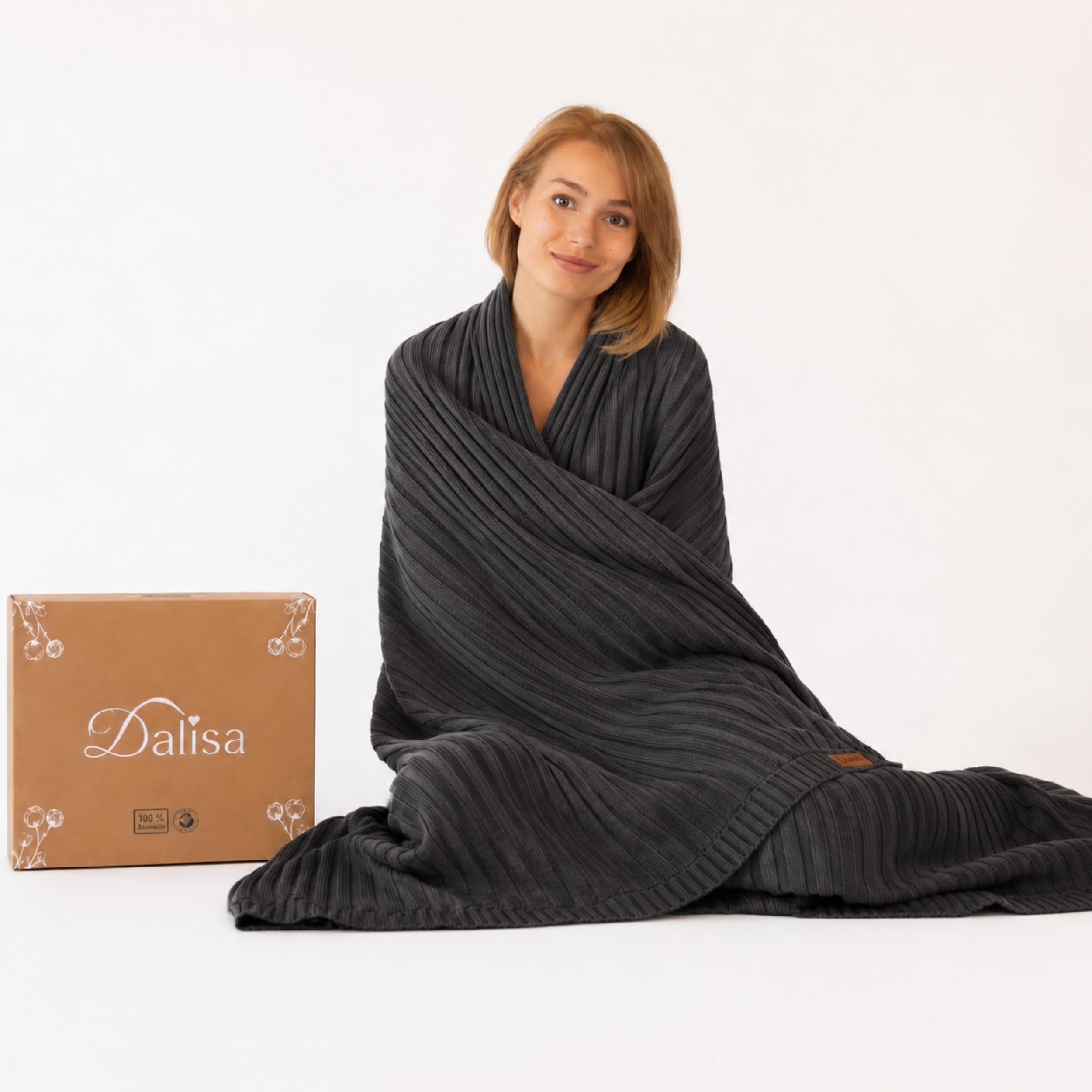 Dalisa Denise Organic Turkish Cotton Throw Blanket 150 x 200 cm, Charcoal – GOTS Certified, Soft Knit for Sofa & Bed, Boho Vintage Design, Machine Washable