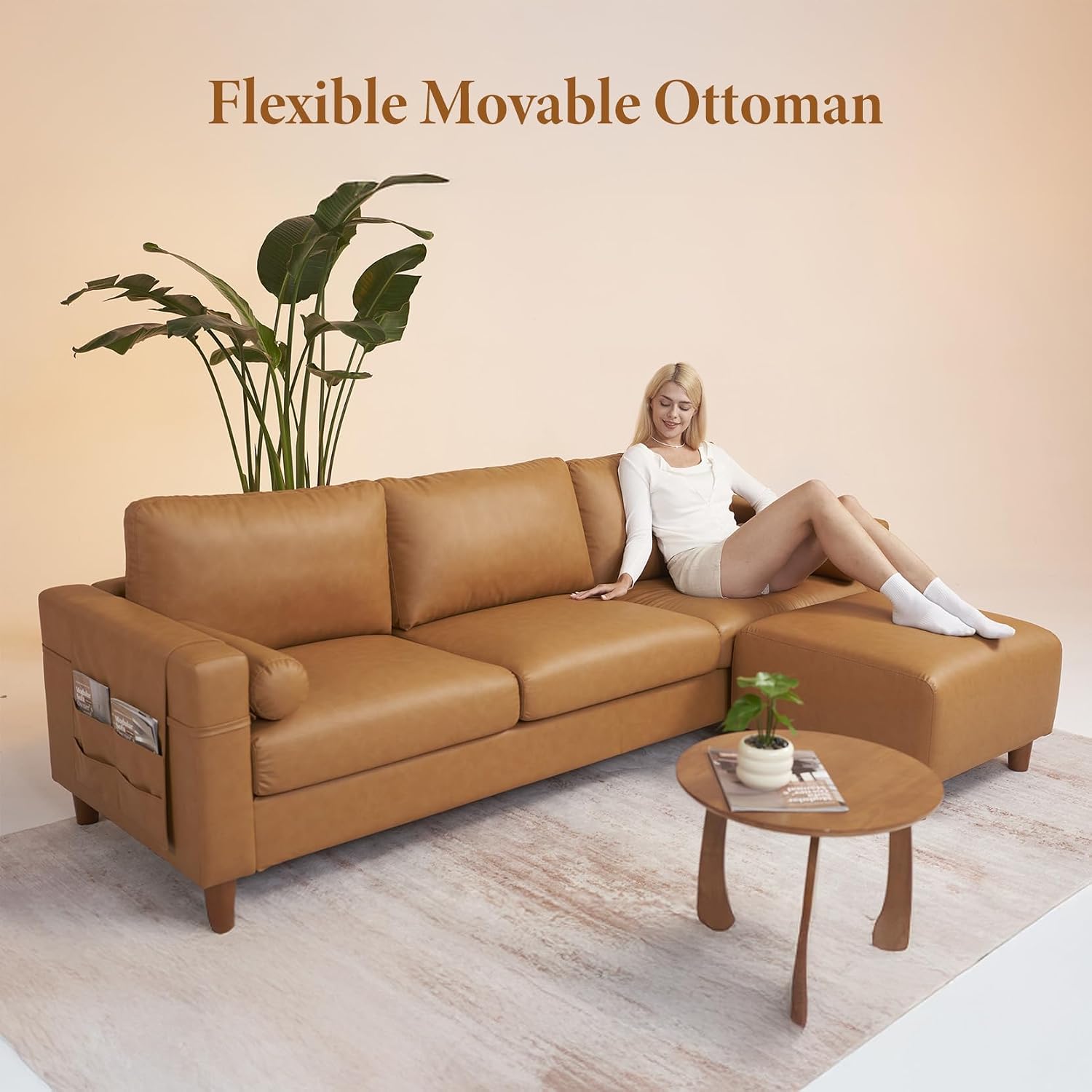 Vesgantti 100" L-Shaped Faux Leather Couch Movable Ottoman 3 Seater Cognac Tan