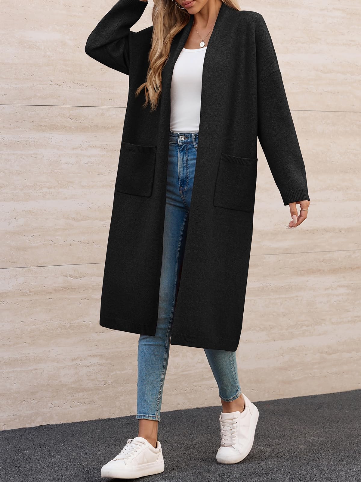 Fisoew Chaqueta de punto para mujer, cárdigan largo, de manga larga, oversized de punto, con bolsillos frontales abiertos.