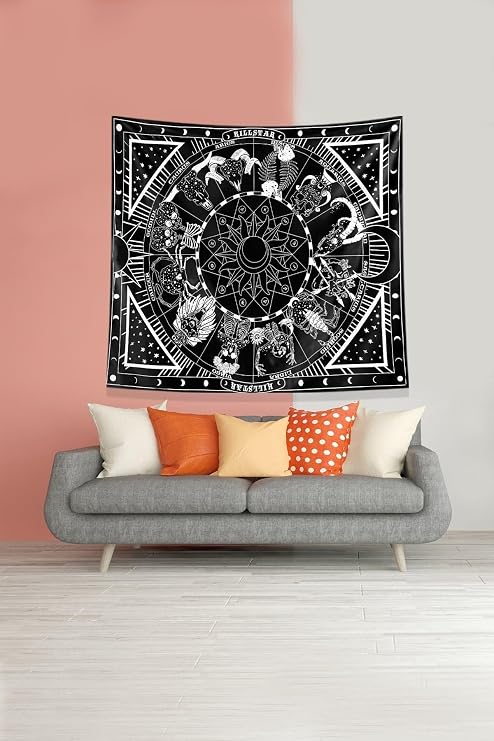 Ontheclouds Siyah Burç Desenli Leke Tutmaz Kadife Kumaş Duvar Örtüsü Duvar Halısı Tapestry, 140 x 140