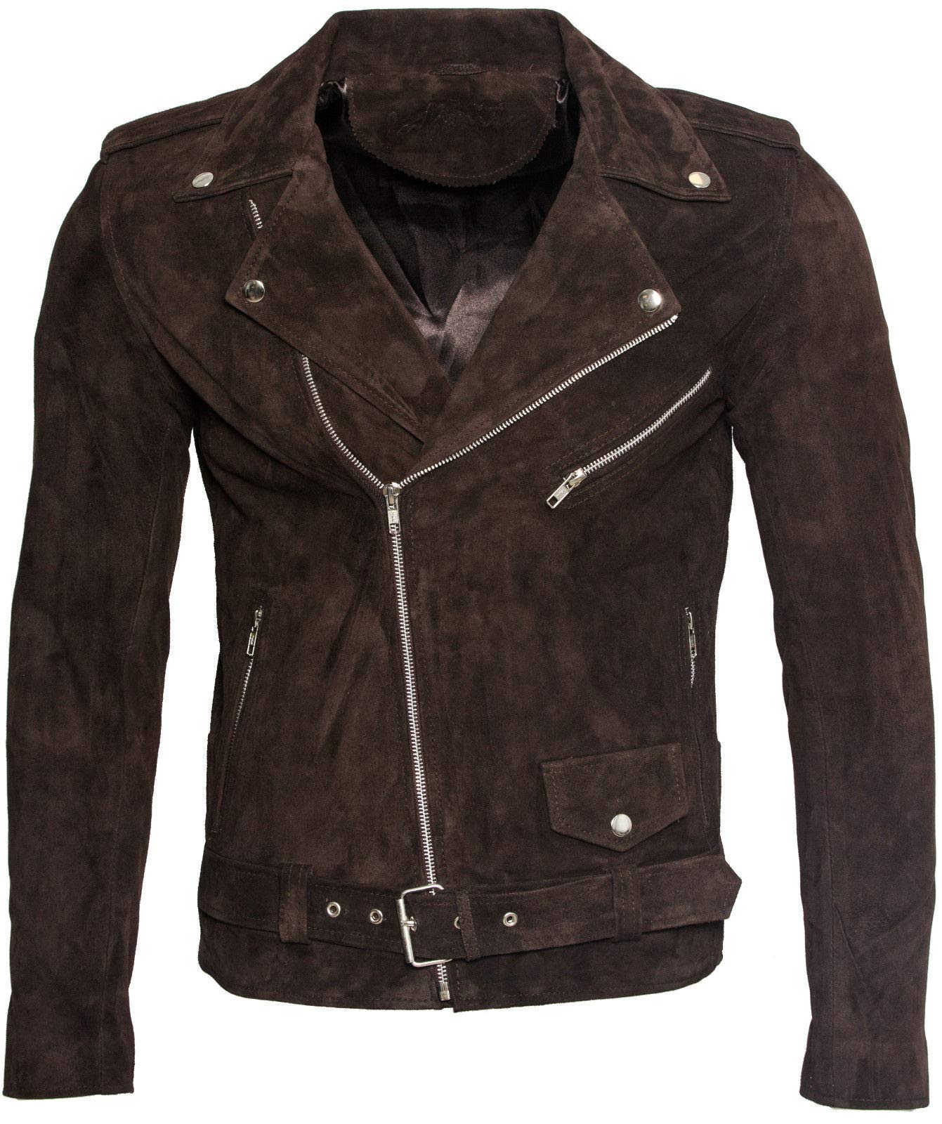 Men's Classic Brando Casual Brown Suede Leather Biker Jacket S