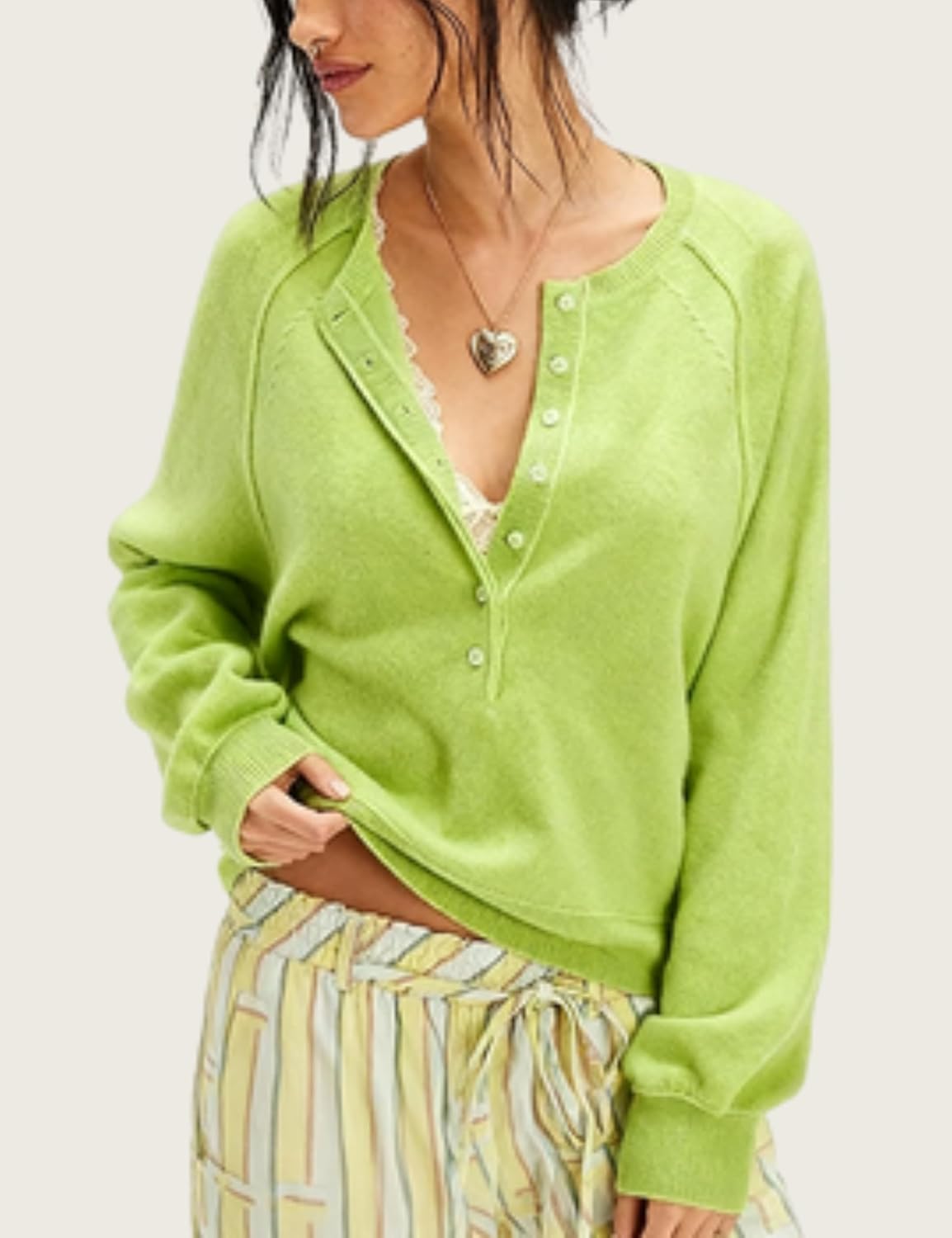 Esmeling Women Casual Button Front Sweater Henley Neck Long Sleeve Knitwear Solid Cropped Pullover Sweater - Image 6