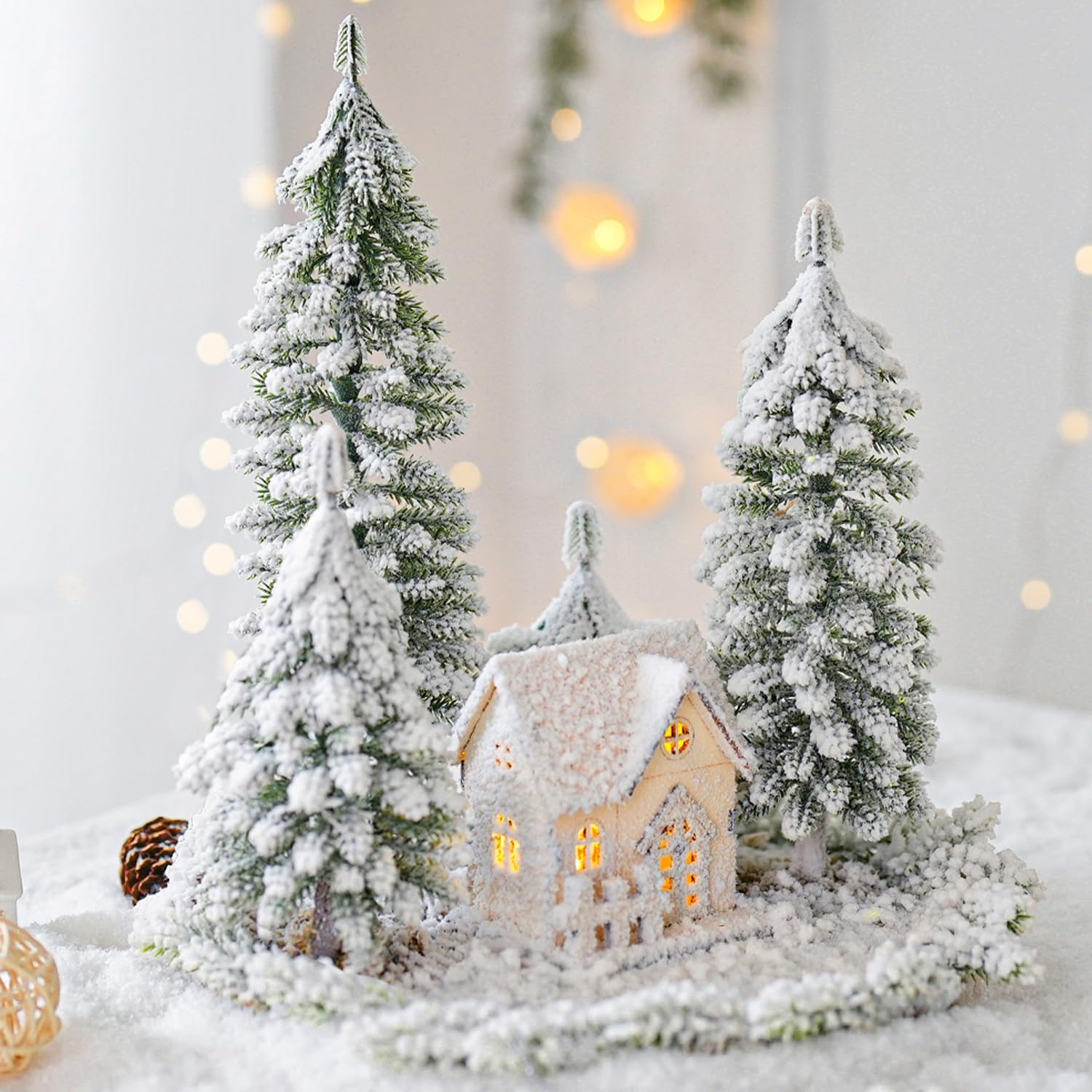 Christmas Decorations Indoor - Christmas Village Sets of 1 Ceramic Houses and 3 Trees - Winter Rustic Farmhouse Home Holiday Xmas Decor for Mantel Tabletop Room