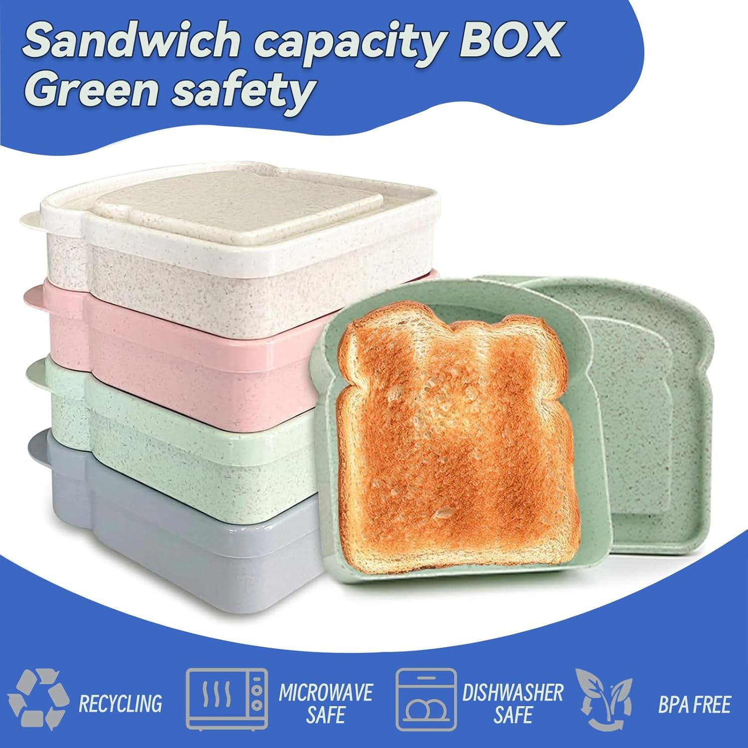 4Pcs Sandwich Containers, Sandwich Box Container, Reusable Toast-Shaped Lunchbox, BPA-Free Food Storage with Lid, Microwave & Dishwasher Safe, for Sandwiches, Fruits, Snacks - Image 6