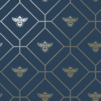 World of Wallpaper Honeycomb Bee, Metallic, Navy/Gold 50401