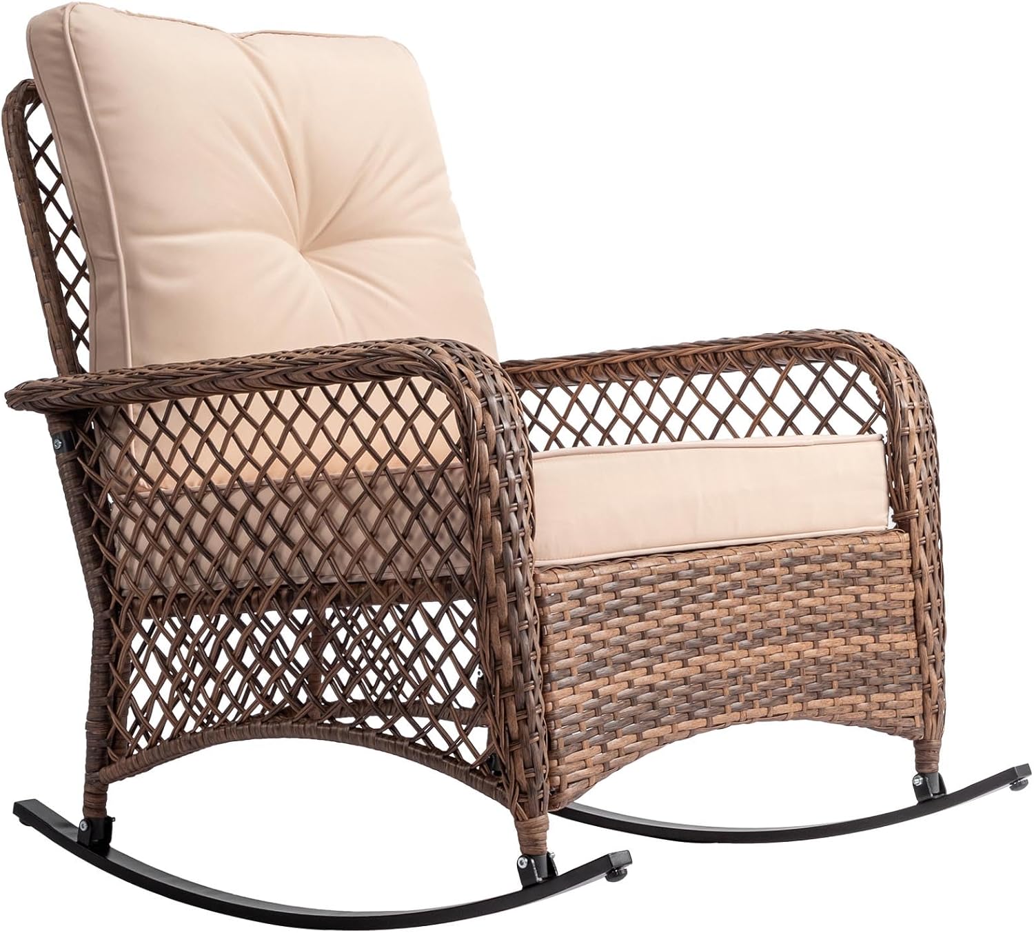 DHAEY All-Weather Outdoor Rocking Chair - Rust-Resistant Steel Frame, Hand-Woven Rattan, UV & Water Resistant, 33.9” x 29.5” Compact Size, Includes Removable Cushion, Suit for for Garden, Deck, Porch