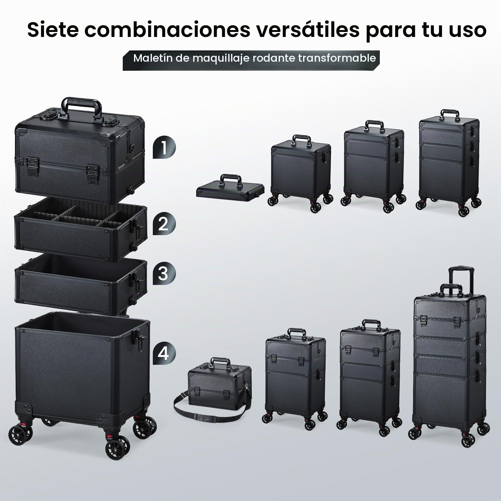 Maleta de Maquillaje con Ruedas - Maletín Belleza 5 en 1 con Cerradura y Mango Telescópico - Estuche para Manicura, Peluquería, Tatuaje - Organizador Profesional, Negro