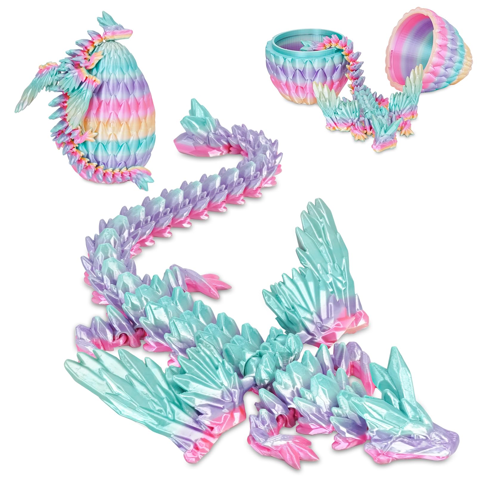 Winged Dragon Inside Surprise Egg Fun Collectible Toy Gift for Kids and Adults, 3D Printed Fantasy Dragon Ideal for Christmas Easter Birthdays and Holiday Decorations (Rainbow, Medium)