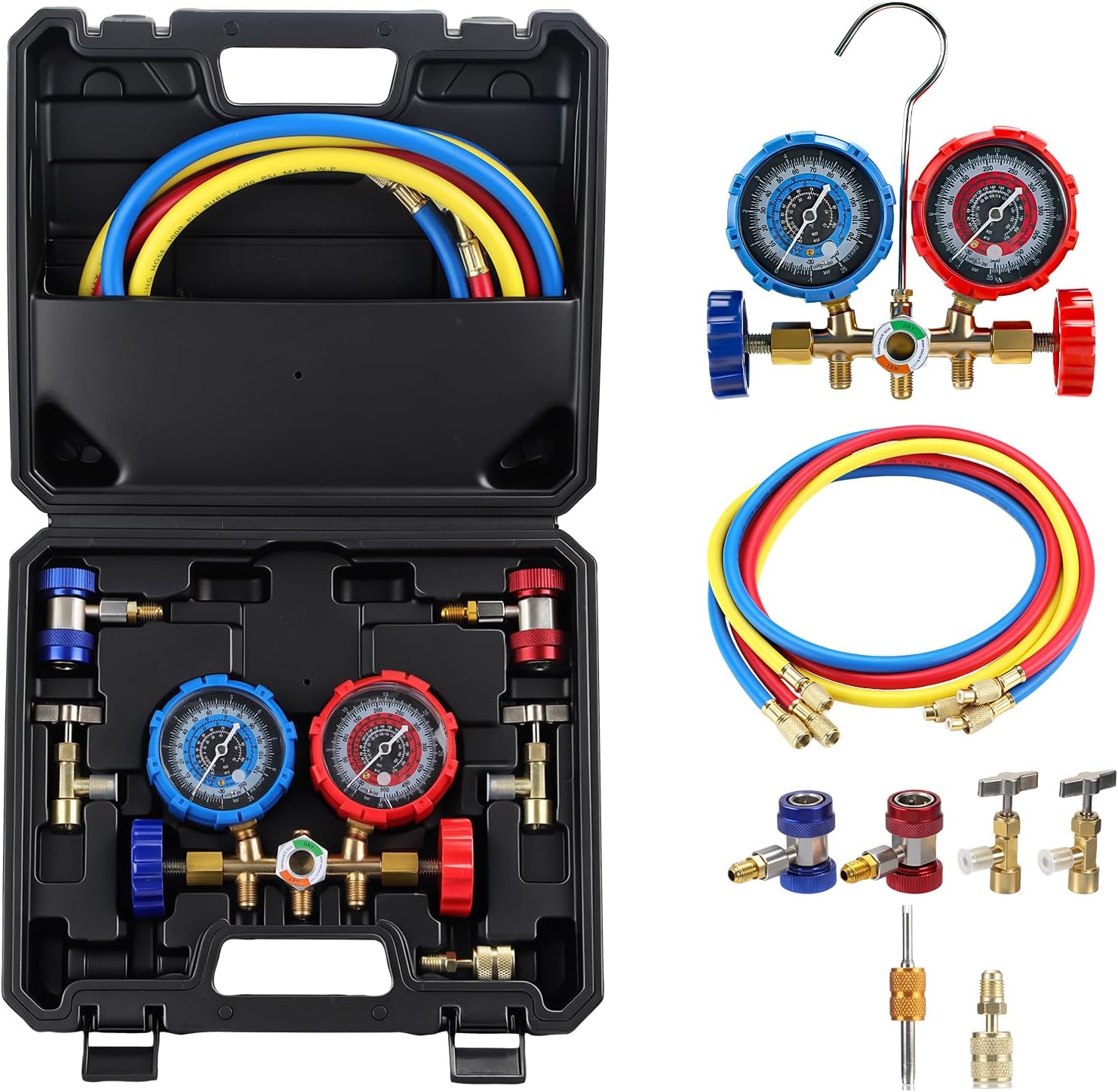 GEARLAST Digital HVAC Manifold Gauge Set, 3 Way AC Refrigerant Pressure Gauge for R134 R22 R12 R502, Recharge & Recovery Professional Automotive & Air Conditioning Tool Kit with Hoses