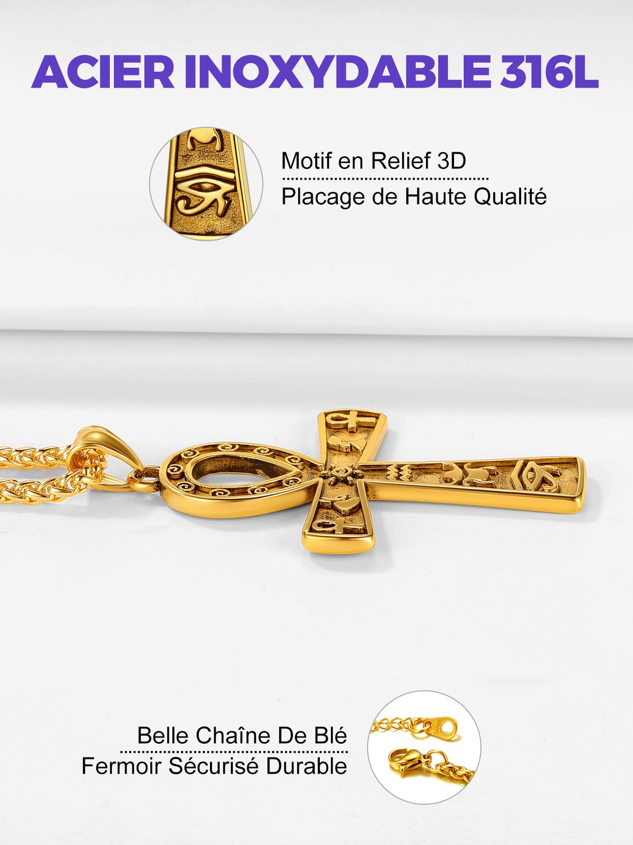 Richsteel Pendentif Croix d'Ankh Égyptien Acier Inoxydable/Or/Noir avec Chaîne 55+5cm, Bijoux Africain Fantaisie Cadeau Original pour Femme Homme Ado Garçons