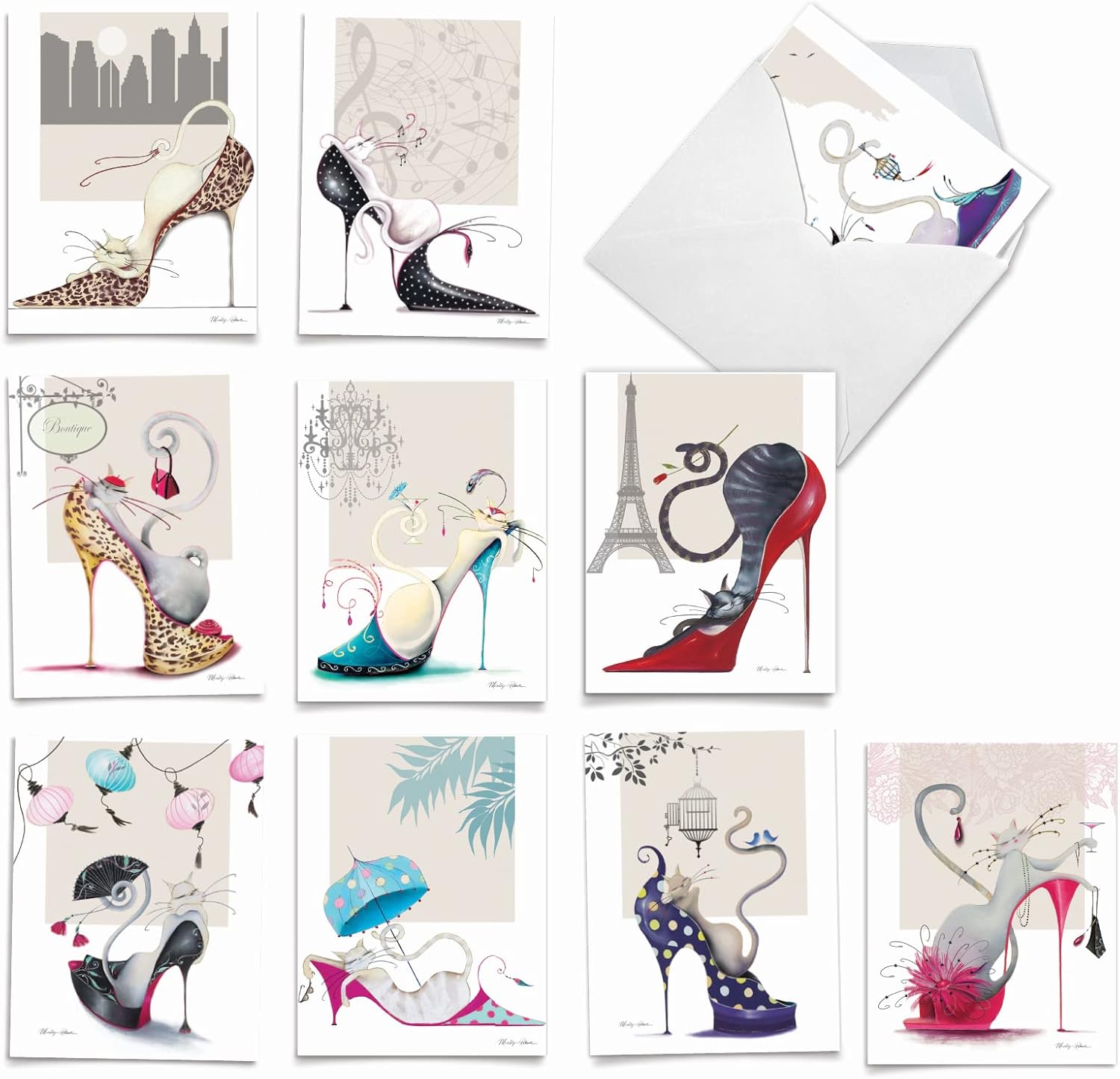 The Best Card Company - 10 Blank Note Cards for Women (4 x 5.12 Inch) - Assorted Fashion Greeting Cards for All Occasions - Catitude Shoes M3324