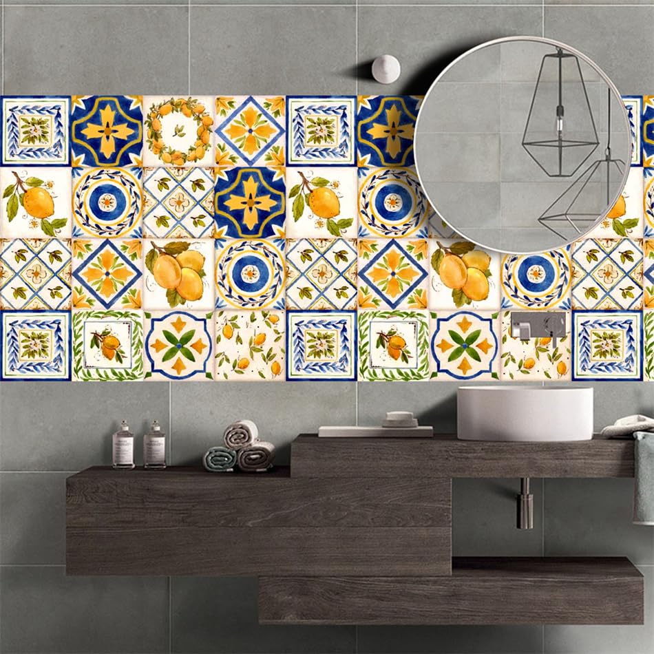 Adesivi per Piastrelle con Motivo Limoni, Piastrelle autoadesive per pareti di Cucina e Bagno, Vinile Adesivo, Impermeabili e Resistenti all'olio, 16 Pezzi (20x20 cm)