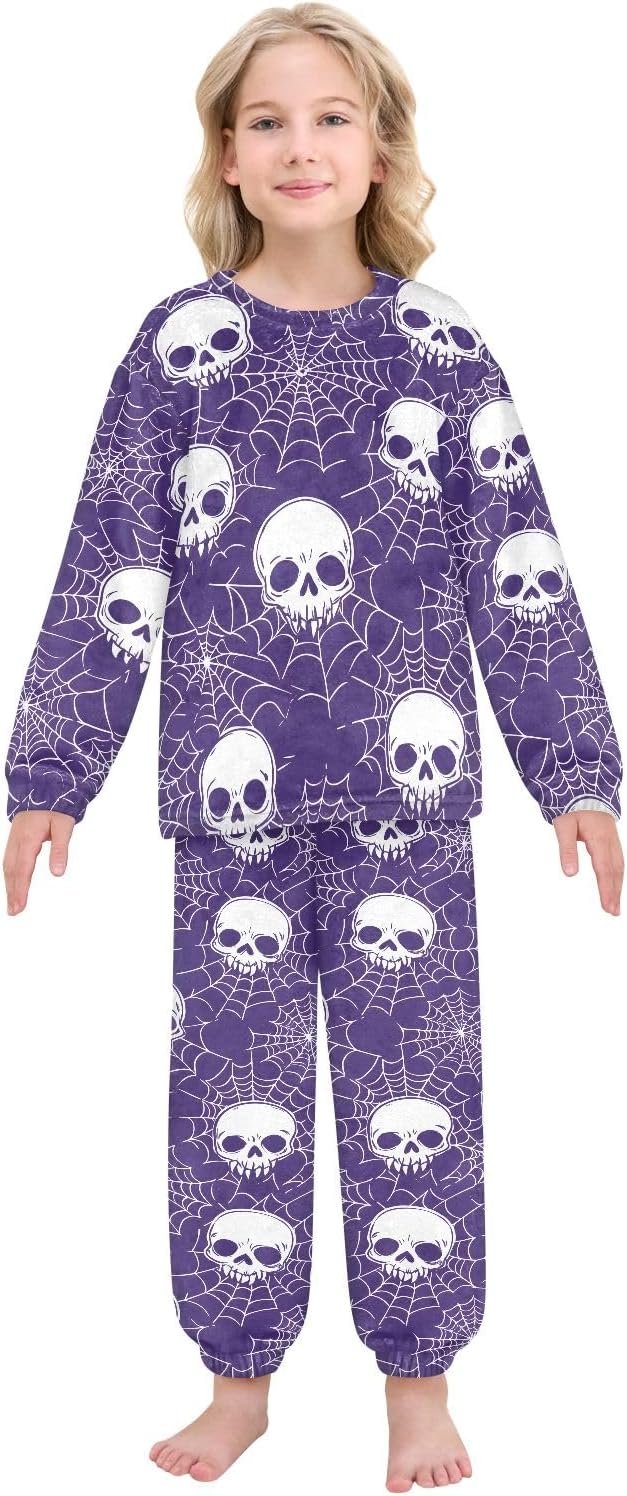 Kids Flannel Sets White Spider and Web Pattern Warm Plush Relaxed Clothing for Boys and Girls