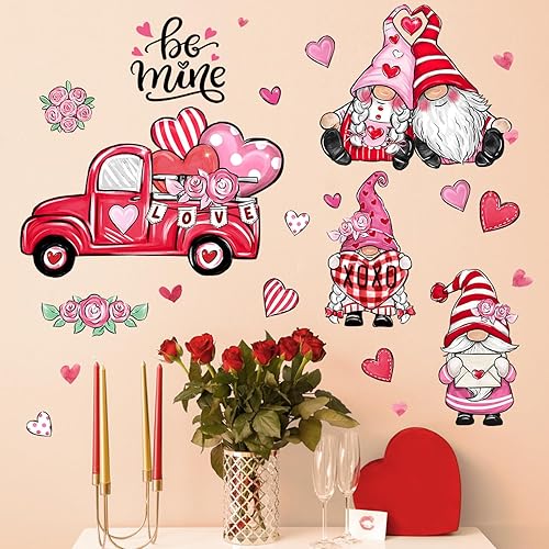 Miniatura 4 de Yovkky Calcomanías de pared de gnomo para el día de San Valentín, diseño de corazones rosados, diseño de corazones rosados, granja, camión, pareja,