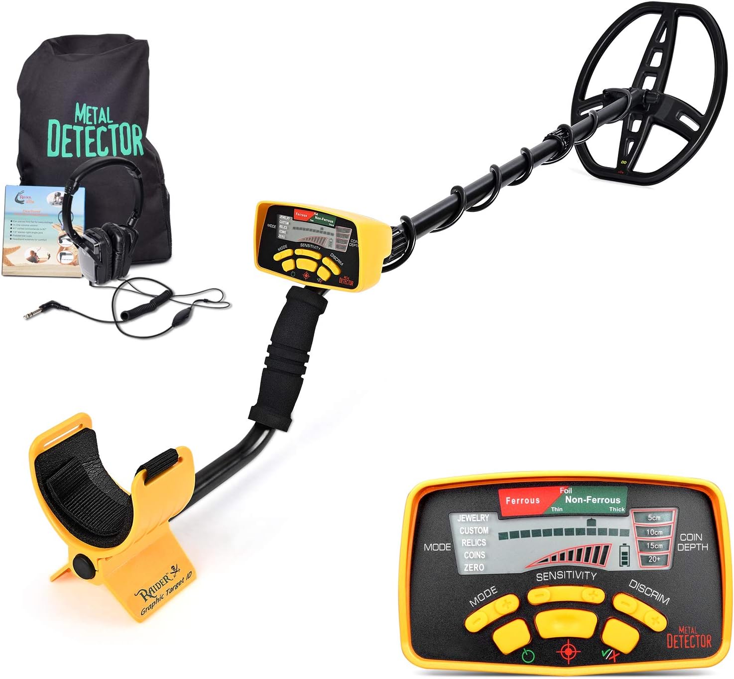 HOOMYA Professional Underground Metal Detector with All Metal and DISC Modes Gold Digger Treasure Hunter Waterproof Coil, Carrying Bag and Headphone-yellow and black 6350