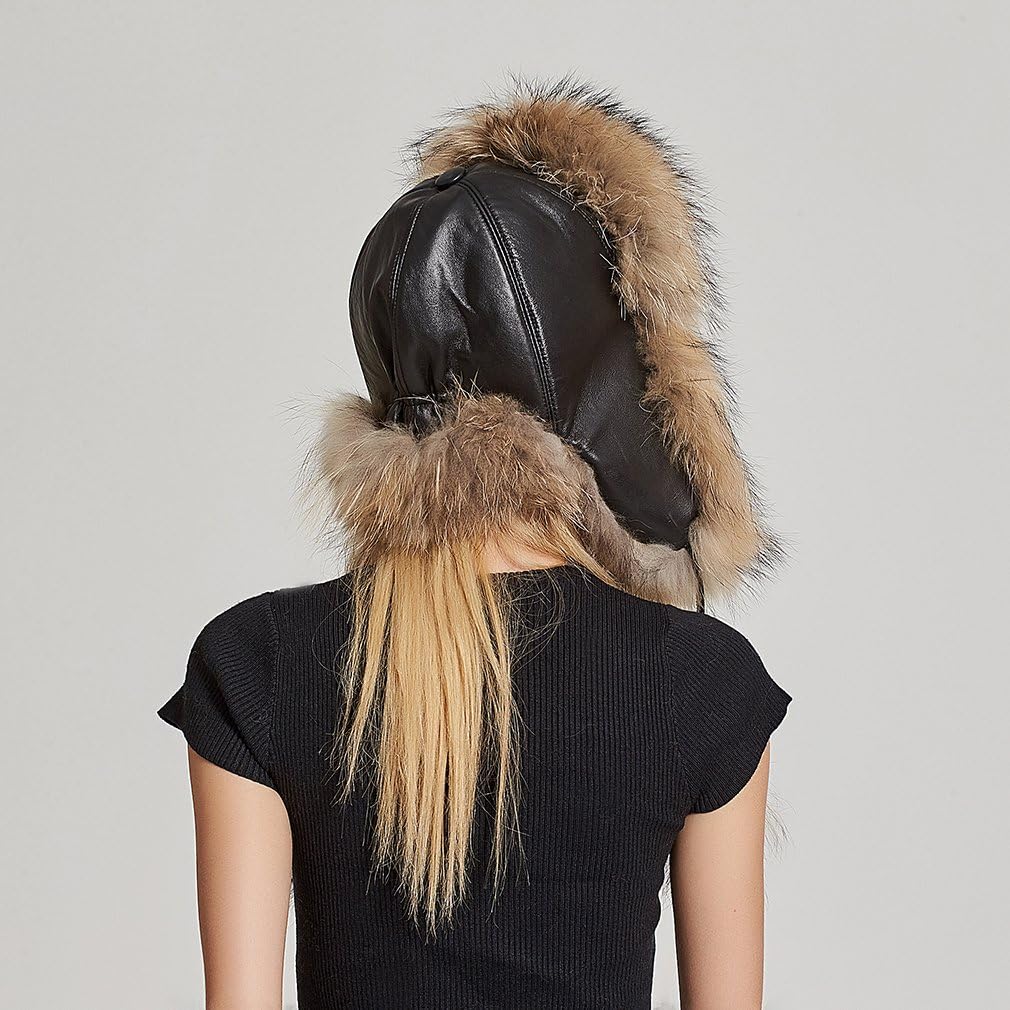 Fur Story Women's Fur Trapper Hat with Sheepskin Earflap Warm Hat Winter hat with Pom Pom