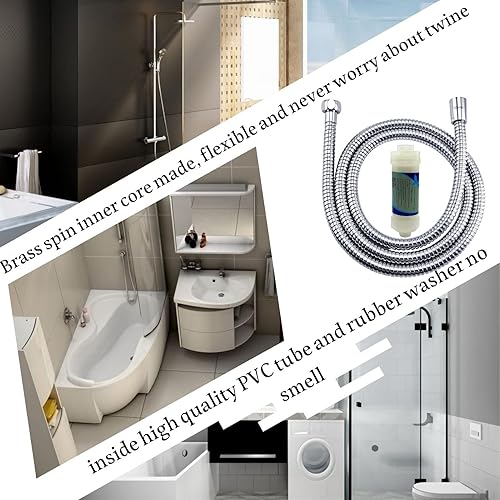 Miniatura 6 de Klabb Manguera de ducha de acero inoxidable con elemento de filtro, manguera de ducha de mano cromada de 59 pulgadas con inserto de latón y tuerca.