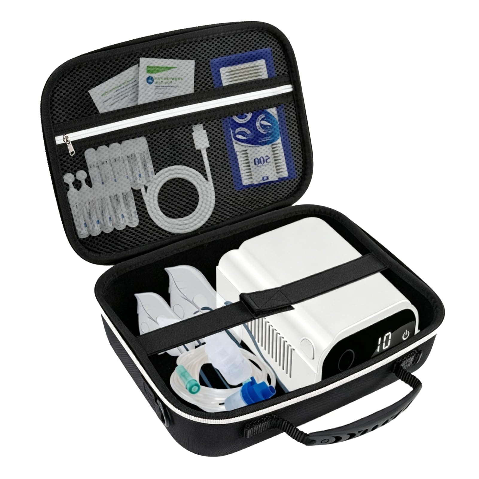 Hard Nebulizer Carrying Case, Portable Nebulizer Case for Travel, Nebulizer Bag, Asthma Inhaler Case, Space for Masks, Cables, Nebulizer Accessories, Black (White line)