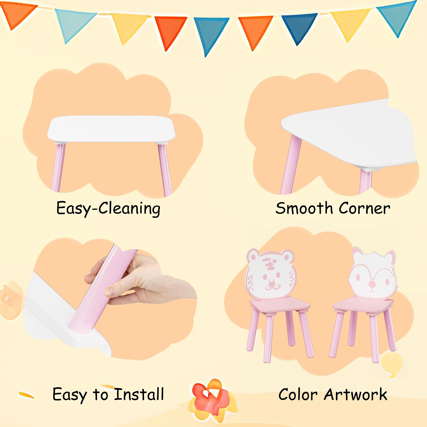 Wood Table & Chairs 3 Pieces Set, Boys Girls Activity Table w/ 2 Animal Shaped Chairs, Solid Wood Legs, Safe Rounded Corners, Playroom Furniture for Boys & Girls Activity Dining Drawing Craft.