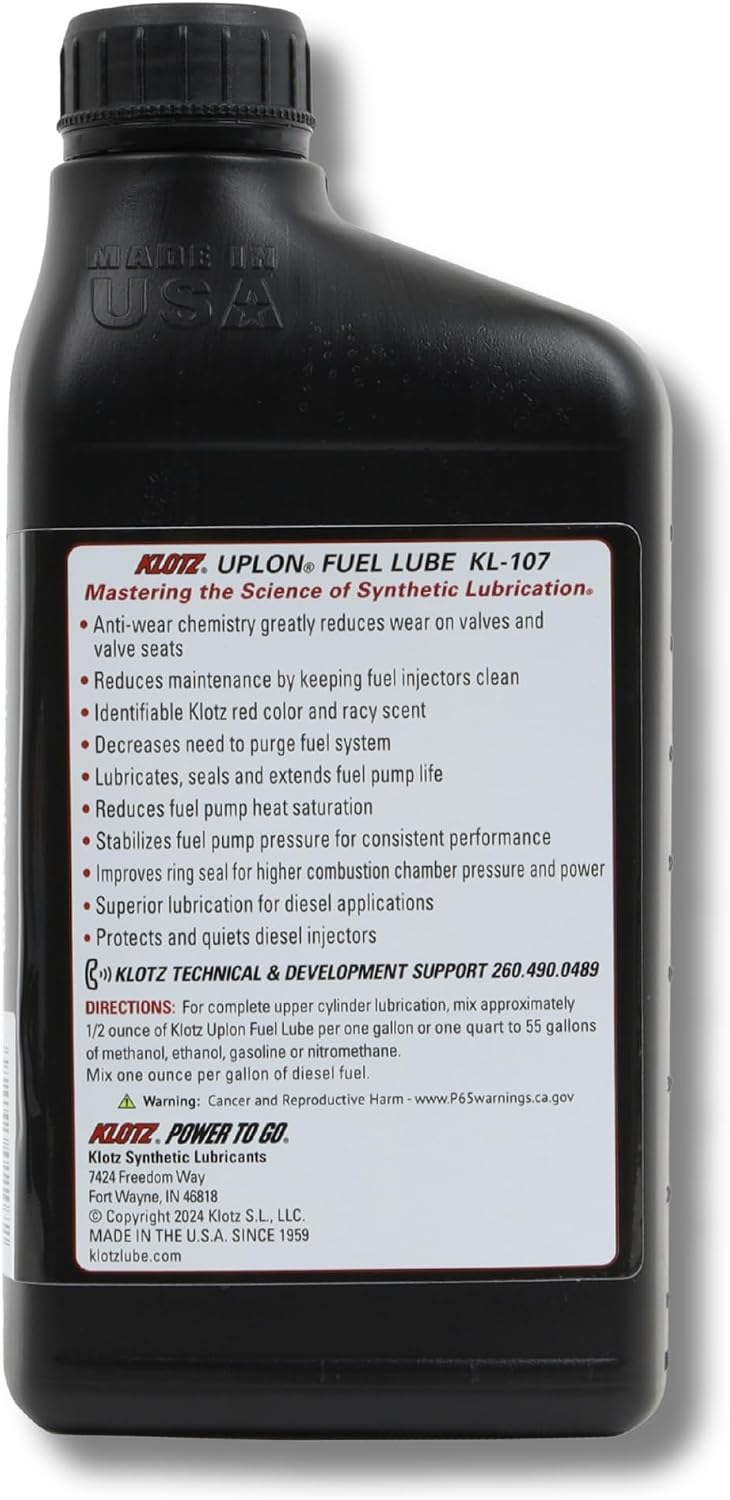 Klotz UpLon Upper Cylinder Alcohol & Gas Fuel Lube Treatment | TechniPlate Synthetic Lubricant for 4-Stroke Engines - KL-107, 1 Quart Bottle