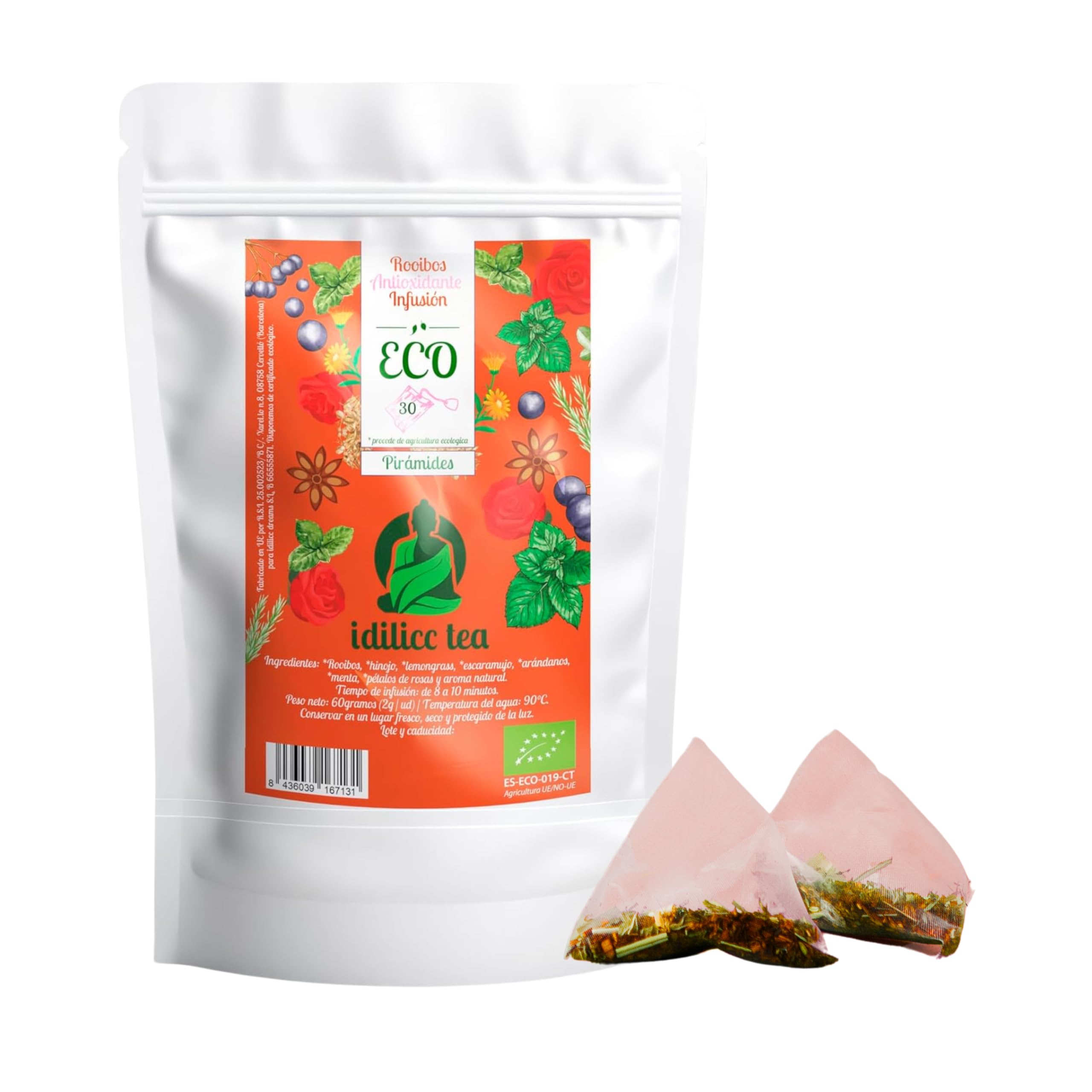 IDILICC TEA Infusion de Rooibos 100% Ecológico. 30 Pirámides. Bolsitas de Te Rojo Sudafricano Natural con Hinojo y Tila. Roibos Relajante. Reduce Acidez Estomacal. Infusiones Variadas