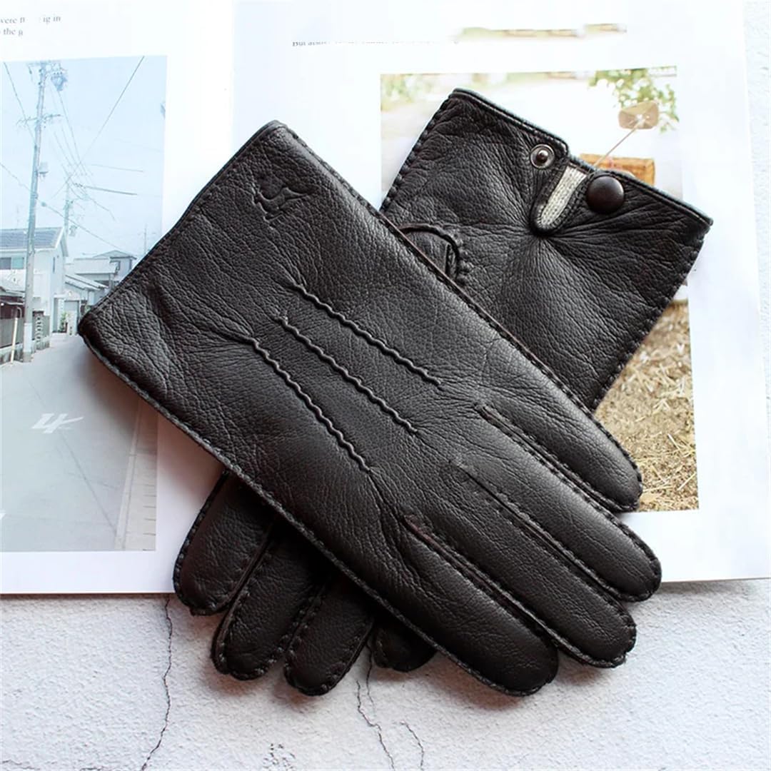 Guantes de Piel de venado de Cuero Genuino para Hombre, Elegantes Guantes Finos con Pantalla táctil, Guantes cálidos de Invierno Forrados de Lana para Ciclismo