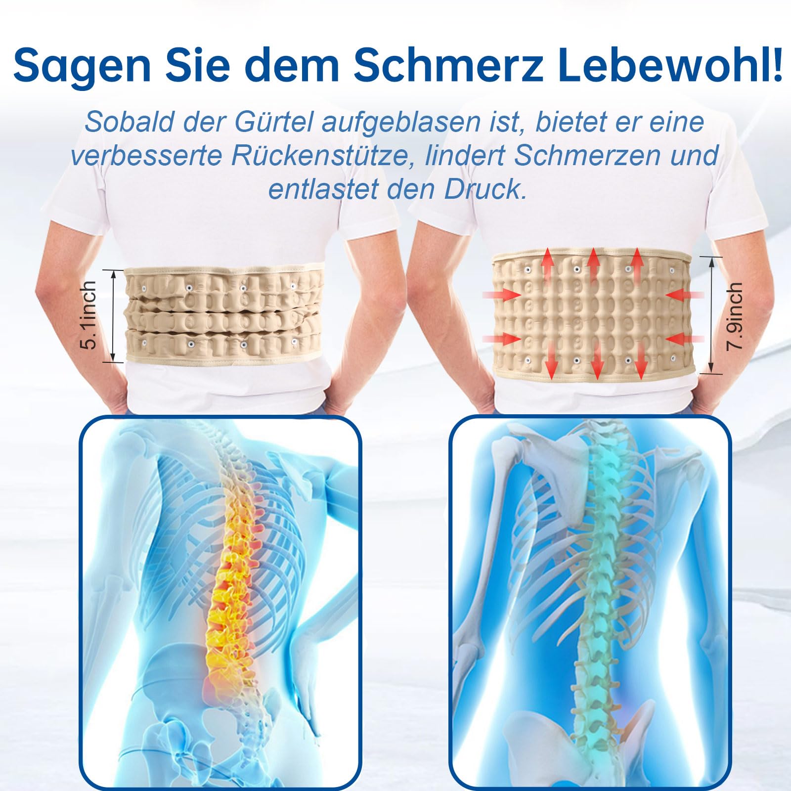 HONGJING Dekompressions Rückengurt zur Linderung von Schmerzen im unteren Rücken, Aufblasbarer Lendenwirbelstützgurt, Einheitsgröße, passend für 29-49 Taille