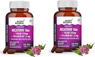 The Body Reserve Melatonin 10mg with Tagar 250mg - 120 Veg Tablets for Natural Sleep Aid, Muscle Recovery, Nerve Relaxation, and Stress Relief - Non-Habit Forming Sleep Aid for Men, Women, Pack of 2