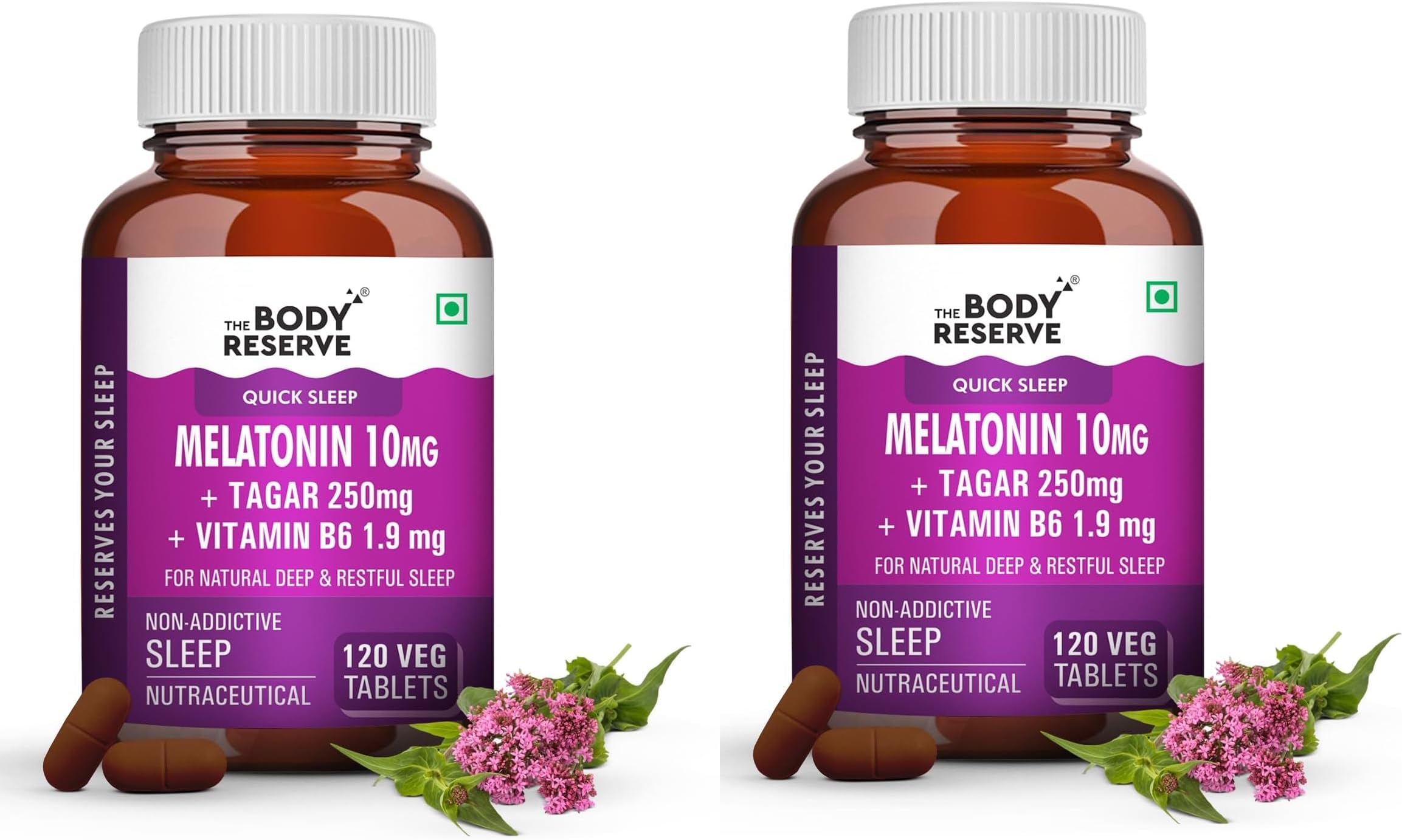 Melatonin 10mg with Tagar 250mg - 120 Veg Tablets for Natural Sleep Aid, Muscle Recovery, Nerve Relaxation, and Stress Relief - Non-Habit Forming Sleep Aid for Men, Women, Pack of 2