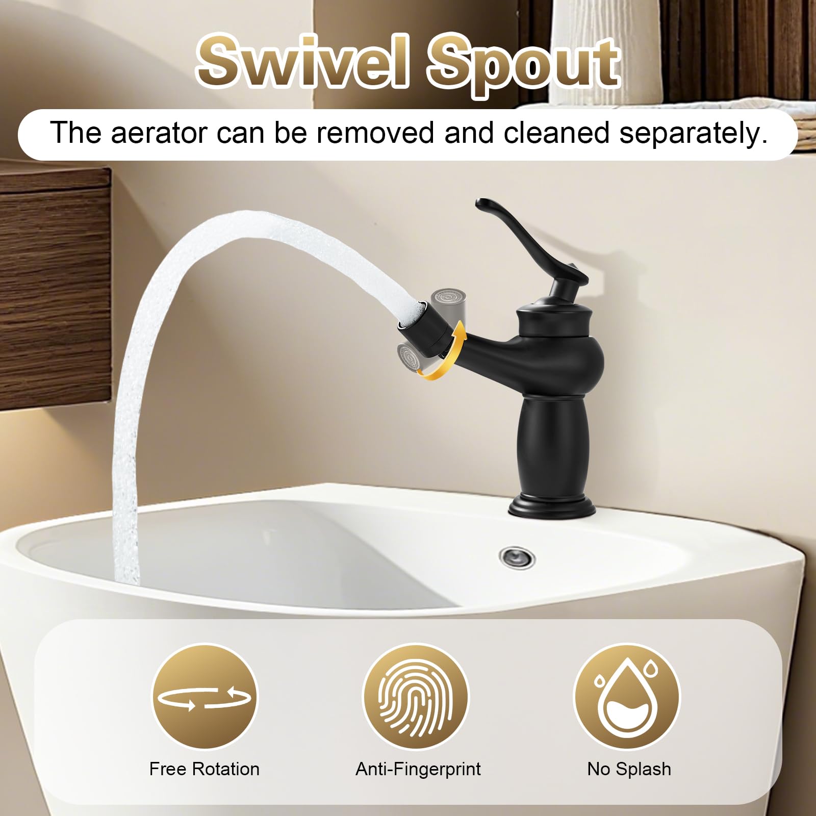Rubinetto Bidet Nero, Rubinetto Bagno Lavabo Monocomando, Miscelatore Bidet con Beccuccio Girevole, Connessione Standard G3/8