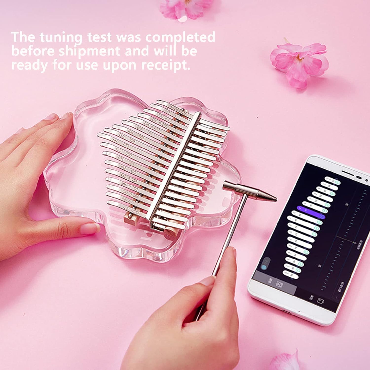 Karimba 17 Key Thumb Piano Set - Pink Acrylic Transparent Cherry Blossom Shape - Portable, Suitable for Beginners - Adult Tone Mixing Hammer with Storage Box & User Manual