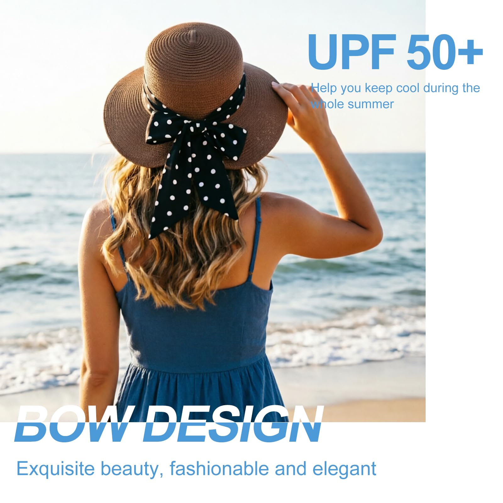 AQOKKA Chapeau de soleil en paille à large bord avec nœud papillon pour femme - Chapeau de plage pliable pour l'été - UPF 50+