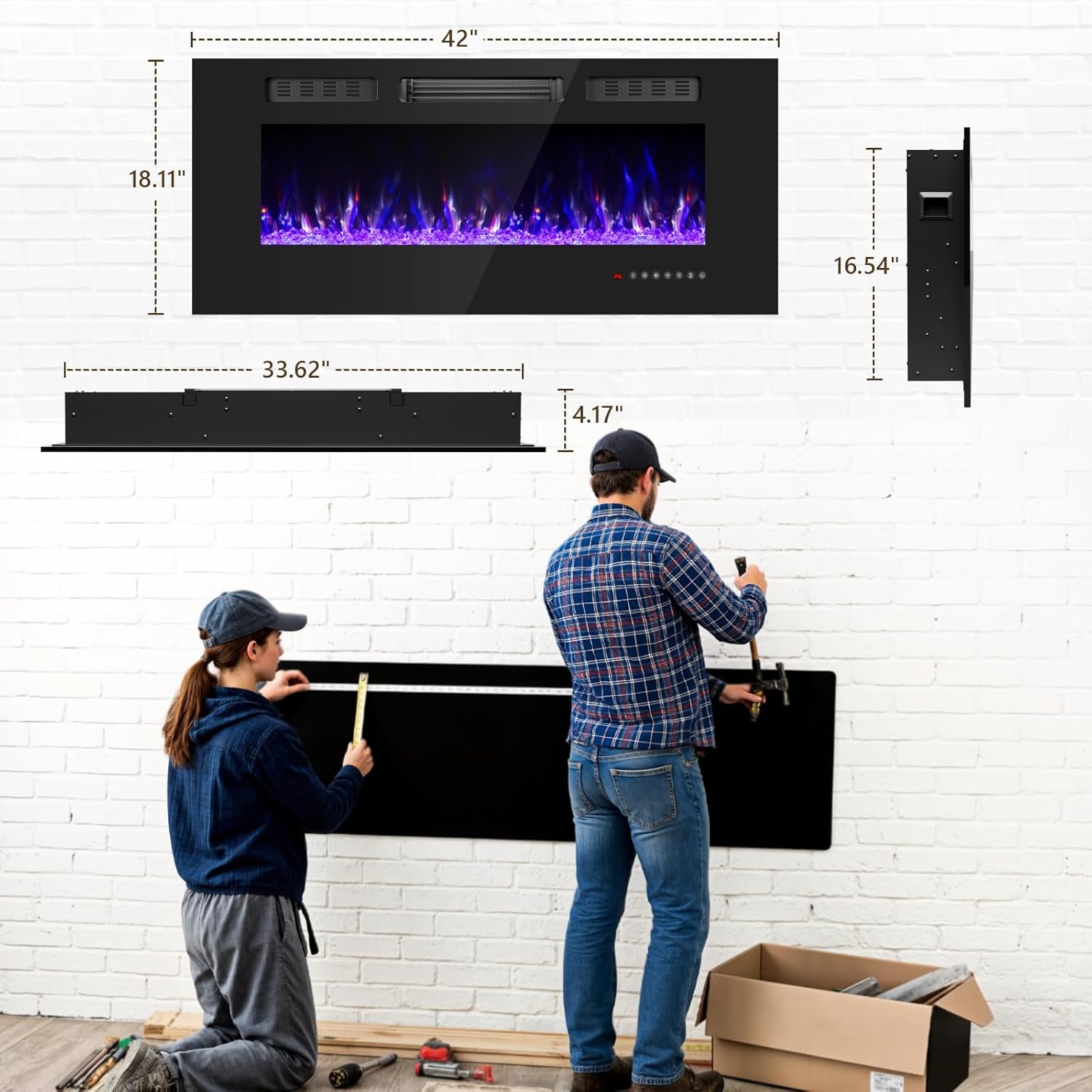 42 Inch Electric Fireplace with Crystal, Electric Fireplaces Insert, Wall Mounted/Recessed Fireplace with Remote Control, 12-Color Flame, Brightness & Speed