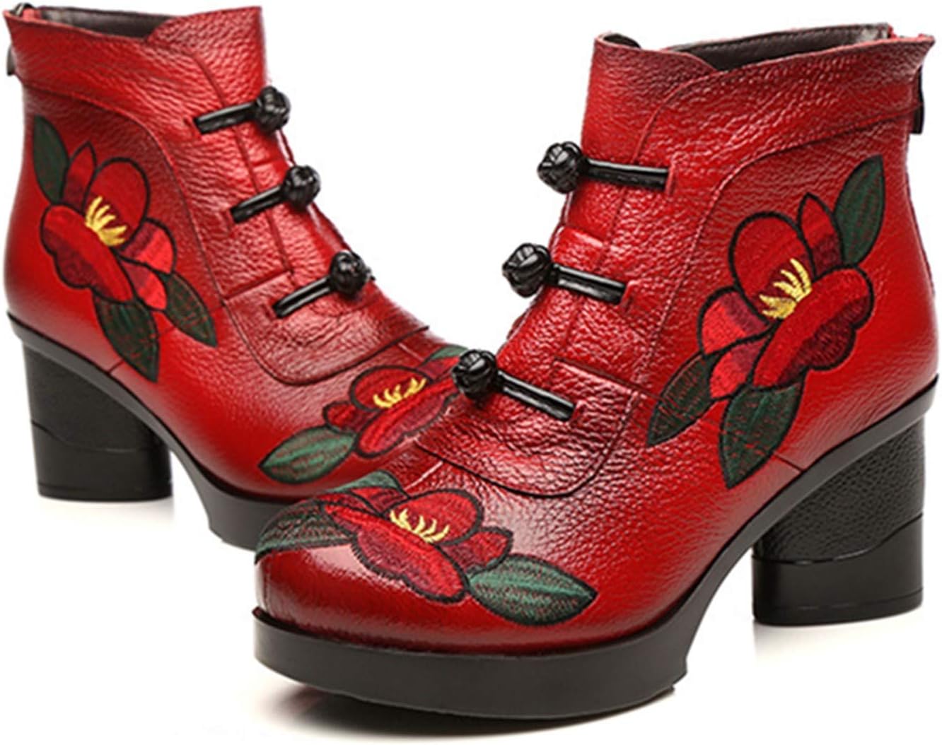 CrazycatZ Leather Ankle Boots,Women Retro Floral Leather Block Heel Ankle Embroidery Boots Colorful Boots