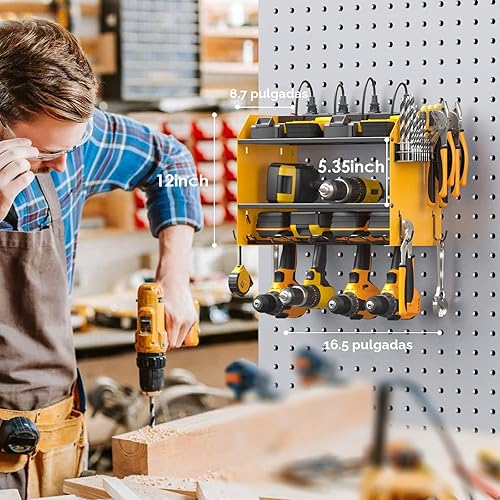 Miniatura 8 de CCCEI - Organizador modular de herramientas eléctricas para montaje en pared con estación de carga Estante de almacenamiento con ganchos