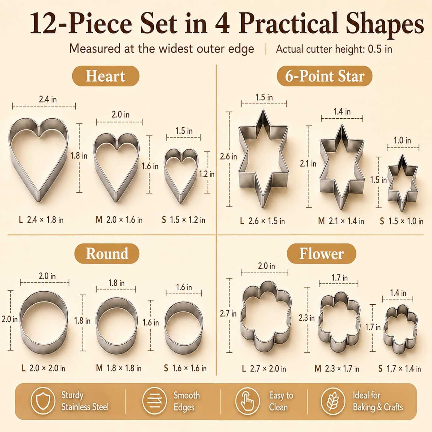 Cookie Cutters Set, 12 Pcs Stainless Steel Heart 6-Point Star Flower Round