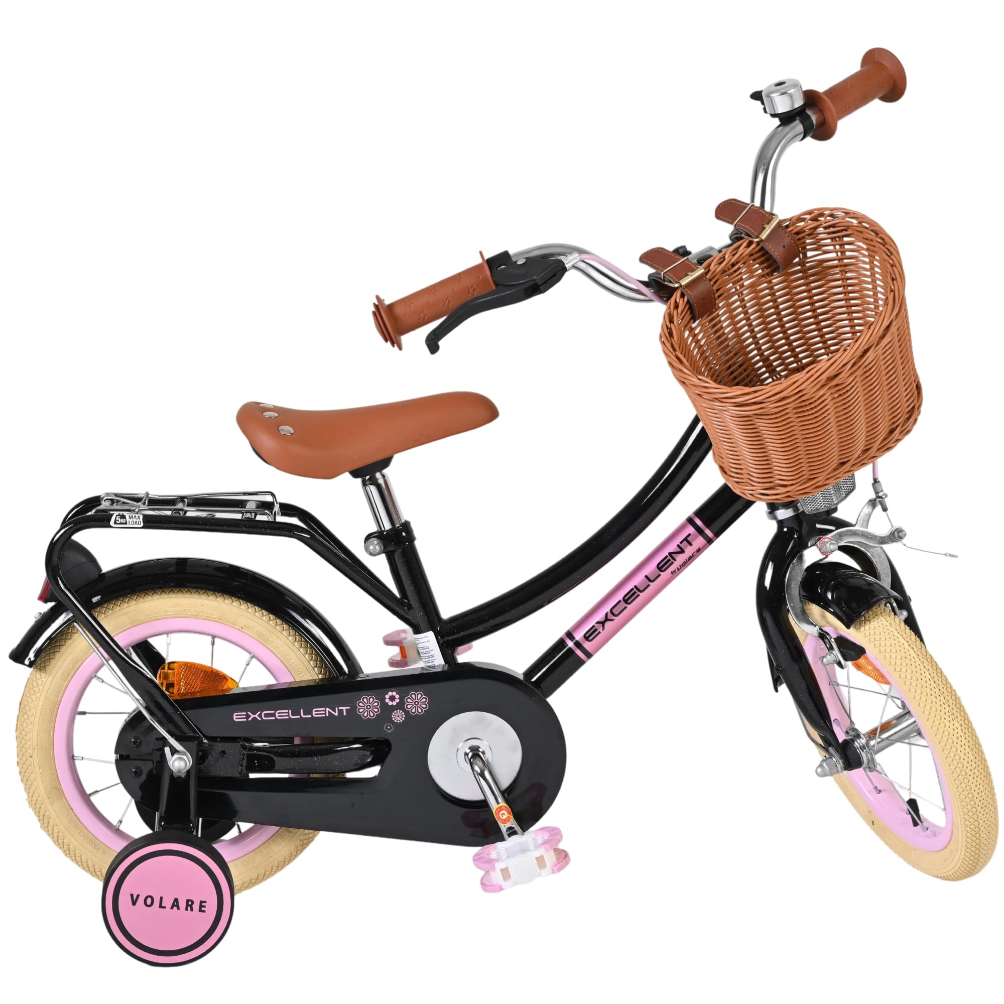 Volare Excellent Fahrrad | 3–5 Jahre | Hand- & Rücktrittbremse, Stützräder, Kettenschutz, Reflektoren & Korb | Höhenverstellbarer Sattel | Geschenk für Mädchen