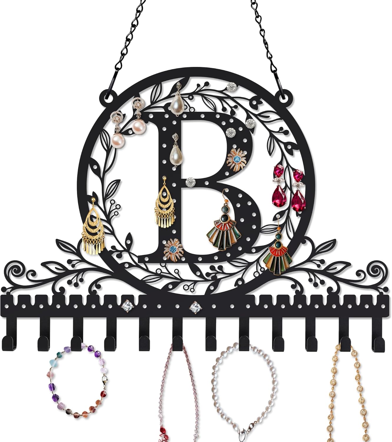 Wall-Mounted Metal Initial Letter B Earring Holder Hanging Jewelry Organizer for Earrings and Necklaces Space-Saving Wall Display with Hooks for Jewelry Storage