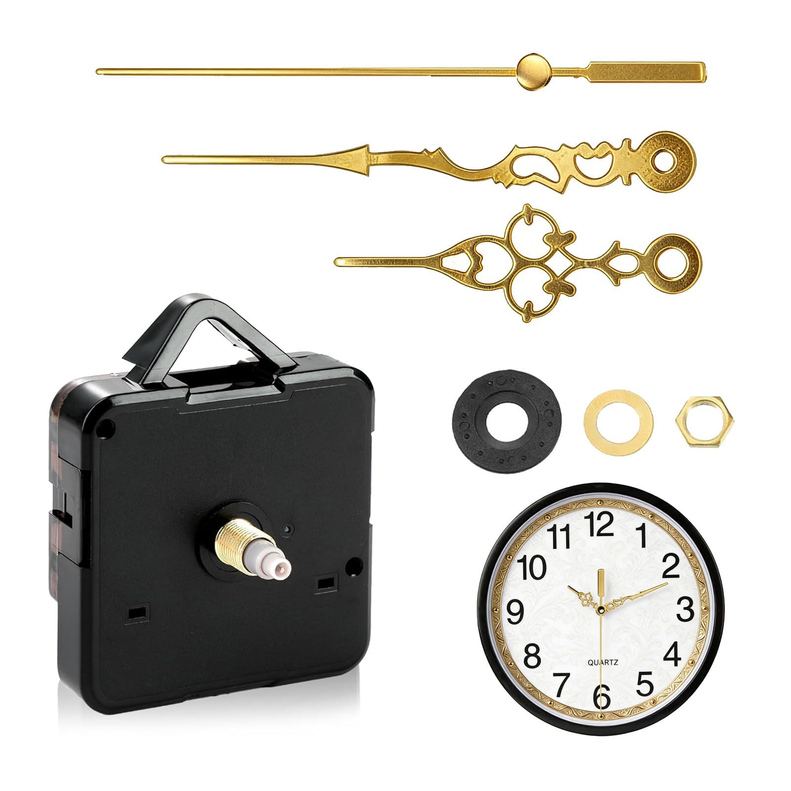 Geräuschloses Uhrwerk Set, Uhrwerk für Wanduhr 24MM, Inklusive Zeiger für Stunden, Minuten und Sekunden, Robustes Ersatzteil-Kit für Uhrreparatur und DIY-Projekte, Schwarz (golden)