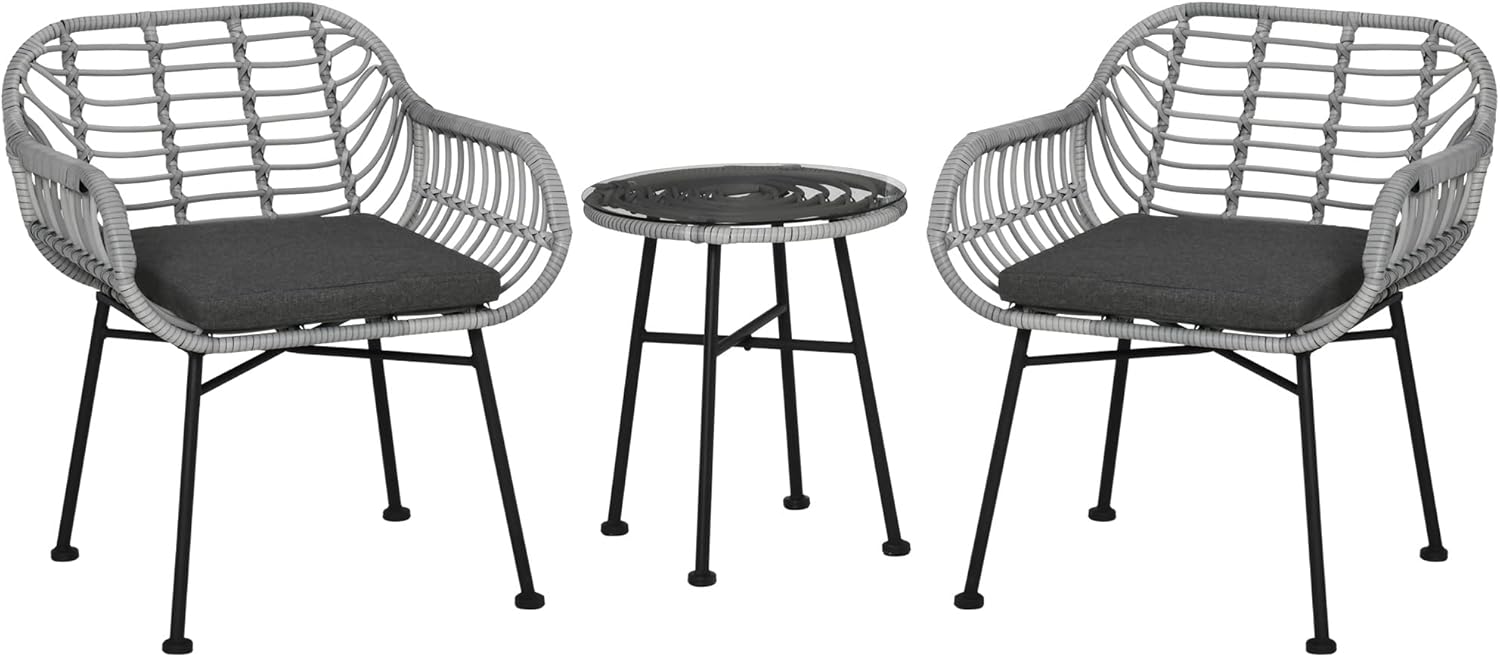 Outsunny 3 Piece Patio Set, Outdoor Bistro Furniture, PE Rattan Wicker Table and Chairs, Cushioned, Hand Woven, Modern Look with Tempered Glass for Garden, Porch, Pool, Backyard, Gray