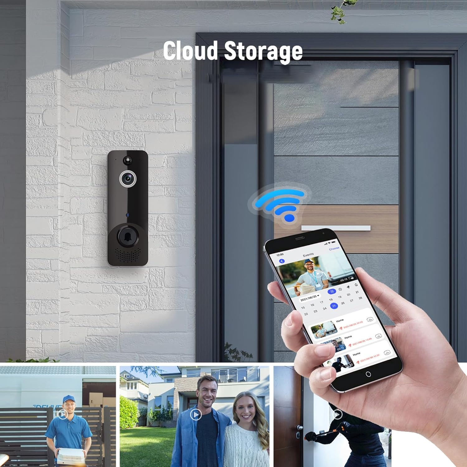Safedoorbell T50 Beige Video Doorbell mounted on a wall, with a smartphone displaying the app interface showing cloud storage events and various scenarios like package delivery, family arrival, and suspicious activity.