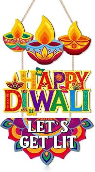 TOARTi Happy Diwali Welcome Door Sign Hanging 11.4"x18", Colorful Diya Mandala Wood Wall Decor, Festival of Lights Decoration for Front Door & Home