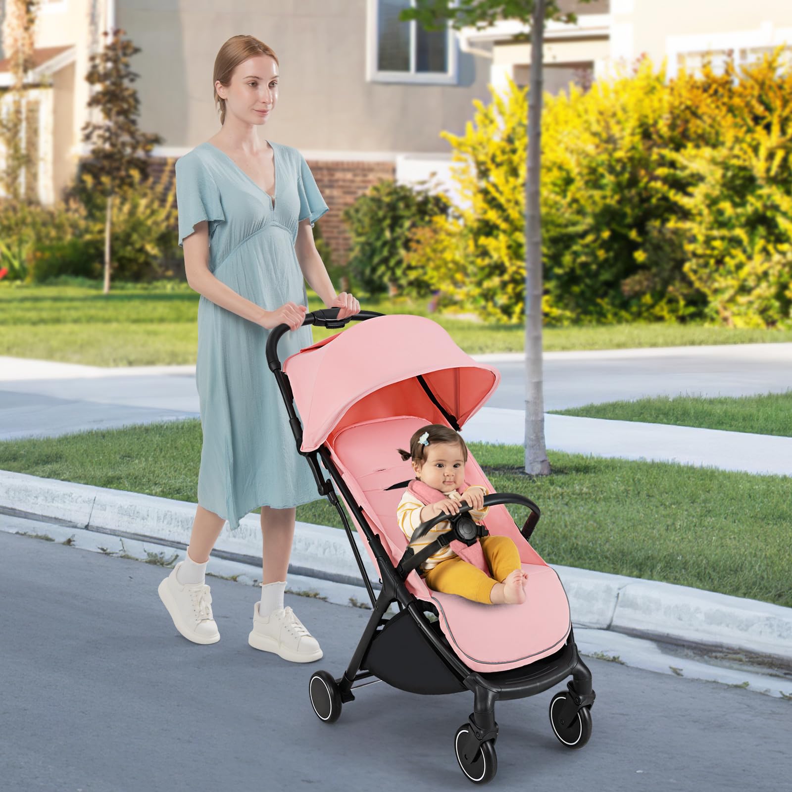 COSTWAY Poussette Canne Bébé 0-3 Ans(Charge 15 kg) avec Dossier & Repose-pieds Réglables, Pliable à une Main, Pousette Légère et Compacte en Aluminium avec Auvent & Frein, Harnais à 5 Points, Rose