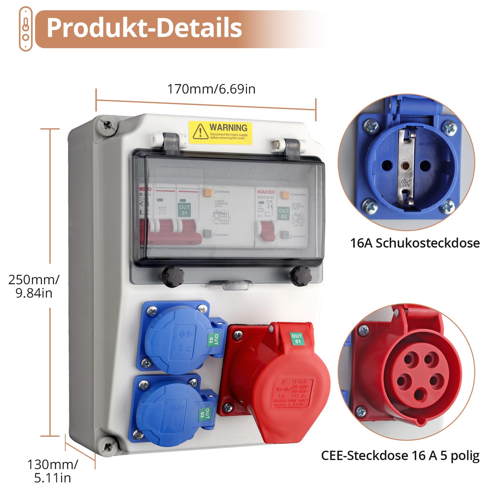 Kamtop Baustromverteiler mit LS+FI, 2 x 230V Schuko- & 16A CEE-Steckdosen Wandverteiler, IP66 Wasserdicht Stromverteiler, Professionelle Verdrahtung für Innen Außenbereich auf Baustellen