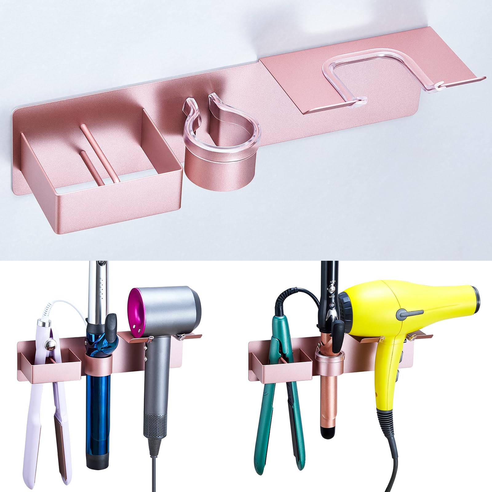 YYBO Hairdryer Holder Wall Mounted Hair Dryer and Straightener Holder, 3 in 1 Hair Tool Organiser for Curling Iron & Straightener & Hair dryer Holders Adhesive for Bathroom Dressing Table (Rose Gold)