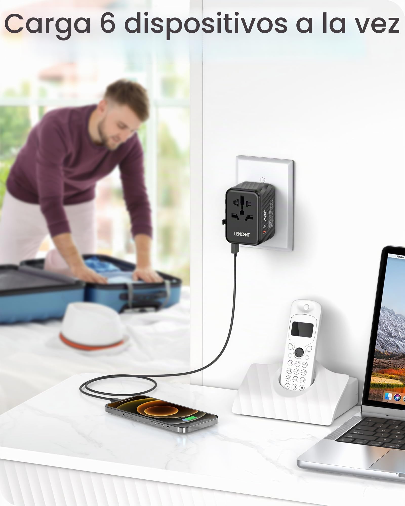 LENCENT Adaptador Enchufe Universal 30W, Cargador Internacional | con 3 USB-C+2 USB-A Carga Rápida, Adaptador Enchufe Europeo para Móvil, Tableta, Portátil, EU/USA/UK/AU, Negro